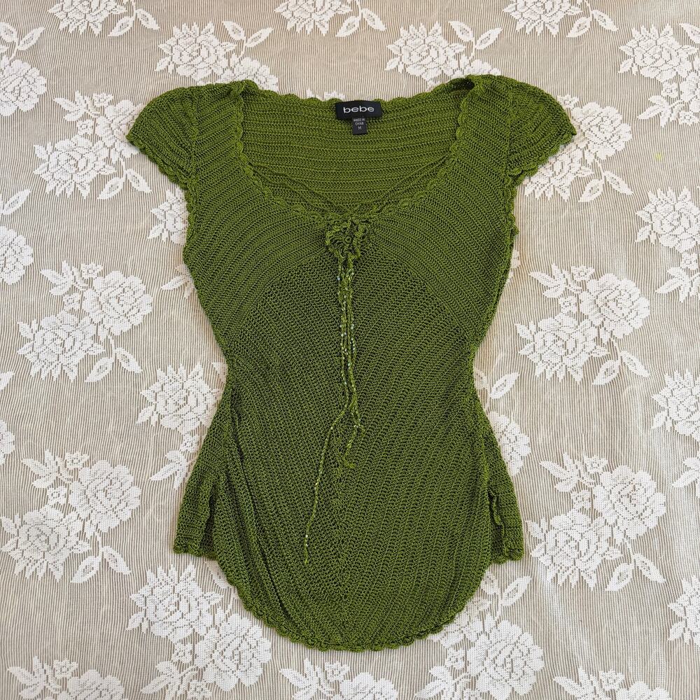Vintage Y2K Bebe Green Crochet Knit Tunic Top Size M